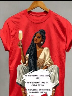 Red Women's Graphic Tee with Empowering Illustration